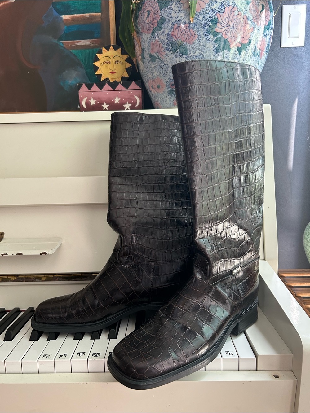 Brown Croc Embossed Tall Riding Boots Square Toe Y2K Vintage Style